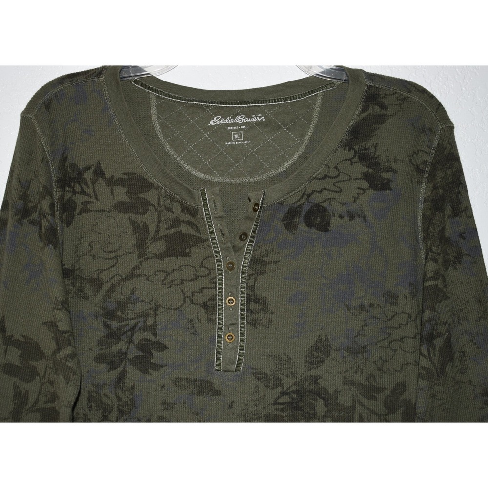 Eddie Bauer Womens XL Top Waffle Knit Thermal Henley Olive Green Floral Long Slv